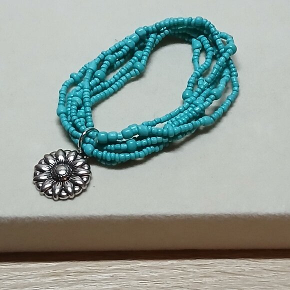 Hand Crafted Jewelry - Handmade Turquoise Tone Beaded Bracelet w/ Sunflower Pendant Fashion Jewelry #48